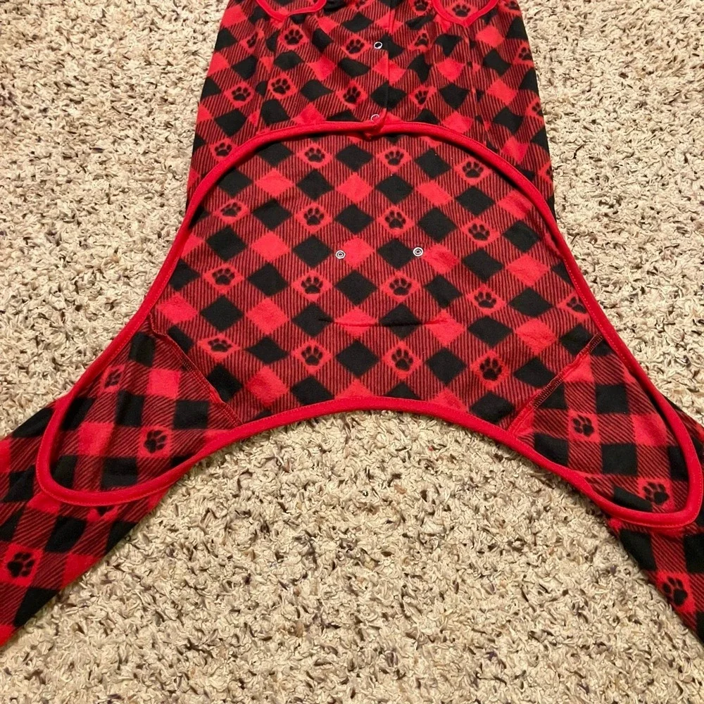 Merry &‎ Bright holiday flapjack style dog pajamas red black buffalo check Sz L